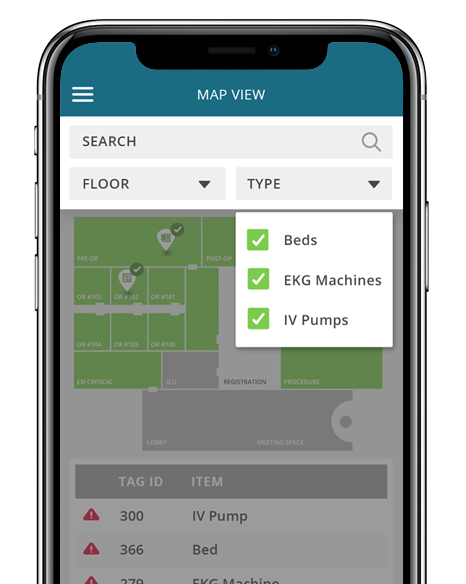 Tagnos Mobile App Map View Screen showing search functionality and location of Beds, EKG Machines, and IV Pumps